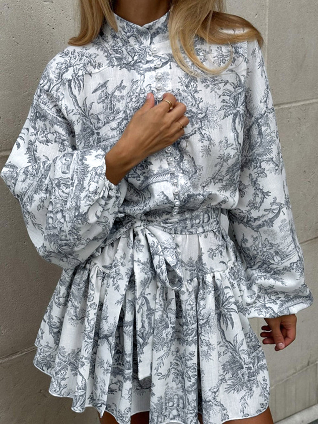 Duttini | Woven Shirt Dress for Women in Print with Belted Style and Stand Collar