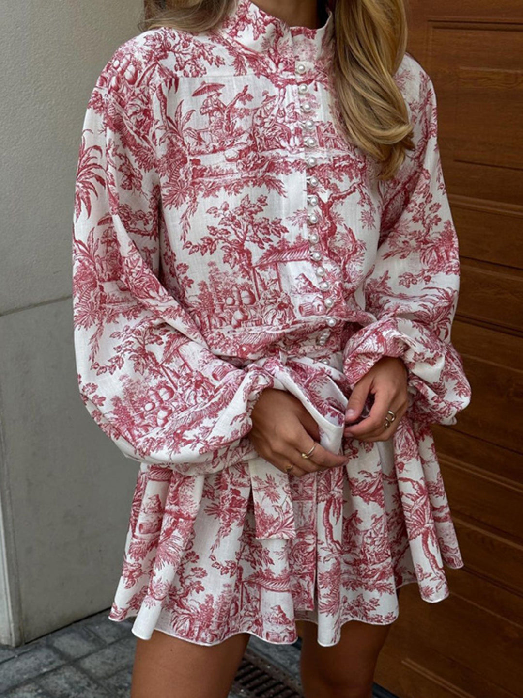 Duttini | Woven Shirt Dress for Women in Print with Belted Style and Stand Collar
