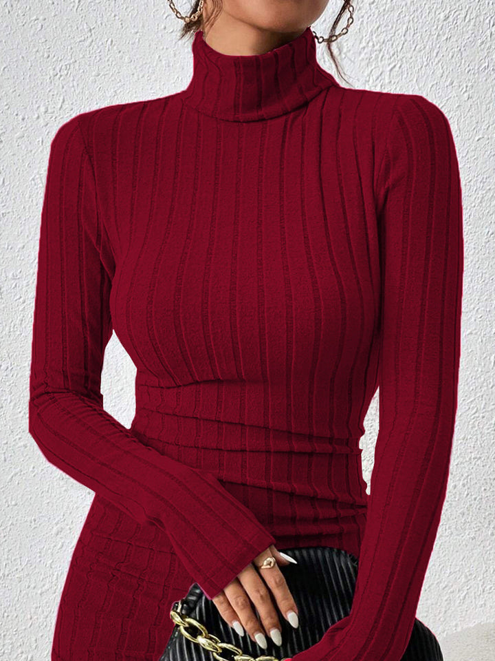 Duttini | Ribbed Slim Fit Mini Dress in High Stretch with Long Sleeves and Stand Collar