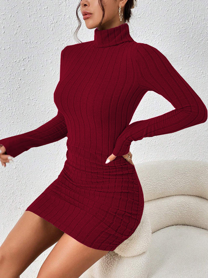 Duttini | Ribbed Slim Fit Mini Dress in High Stretch with Long Sleeves and Stand Collar
