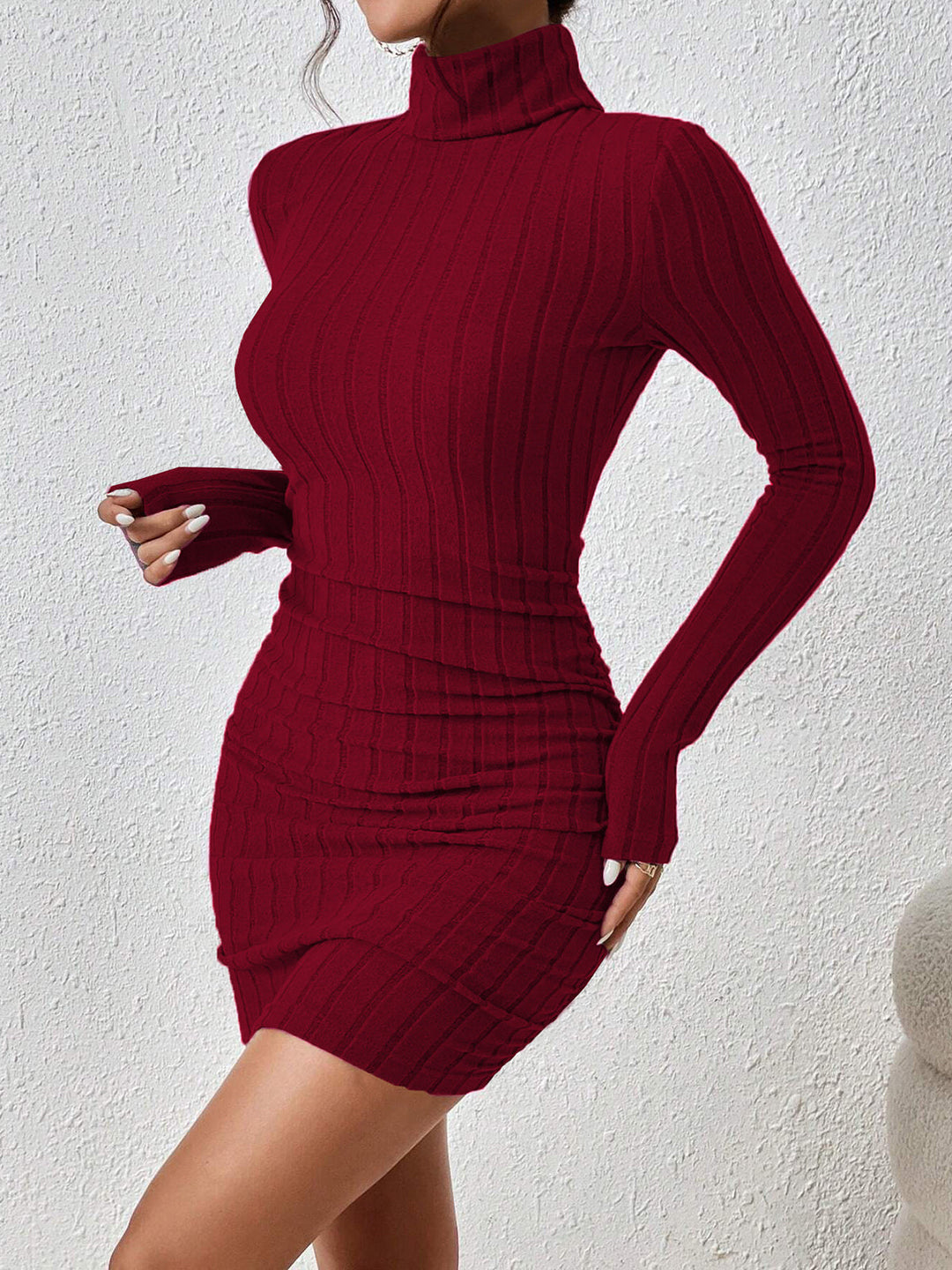 Duttini | Ribbed Slim Fit Mini Dress in High Stretch with Long Sleeves and Stand Collar