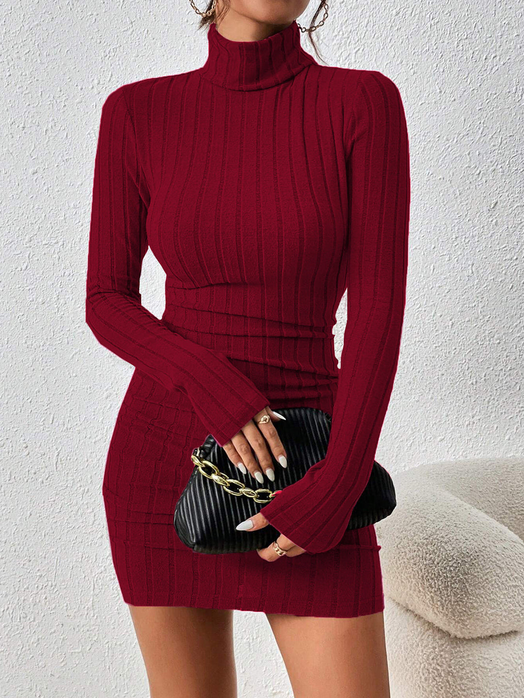 Duttini | Ribbed Slim Fit Mini Dress in High Stretch with Long Sleeves and Stand Collar