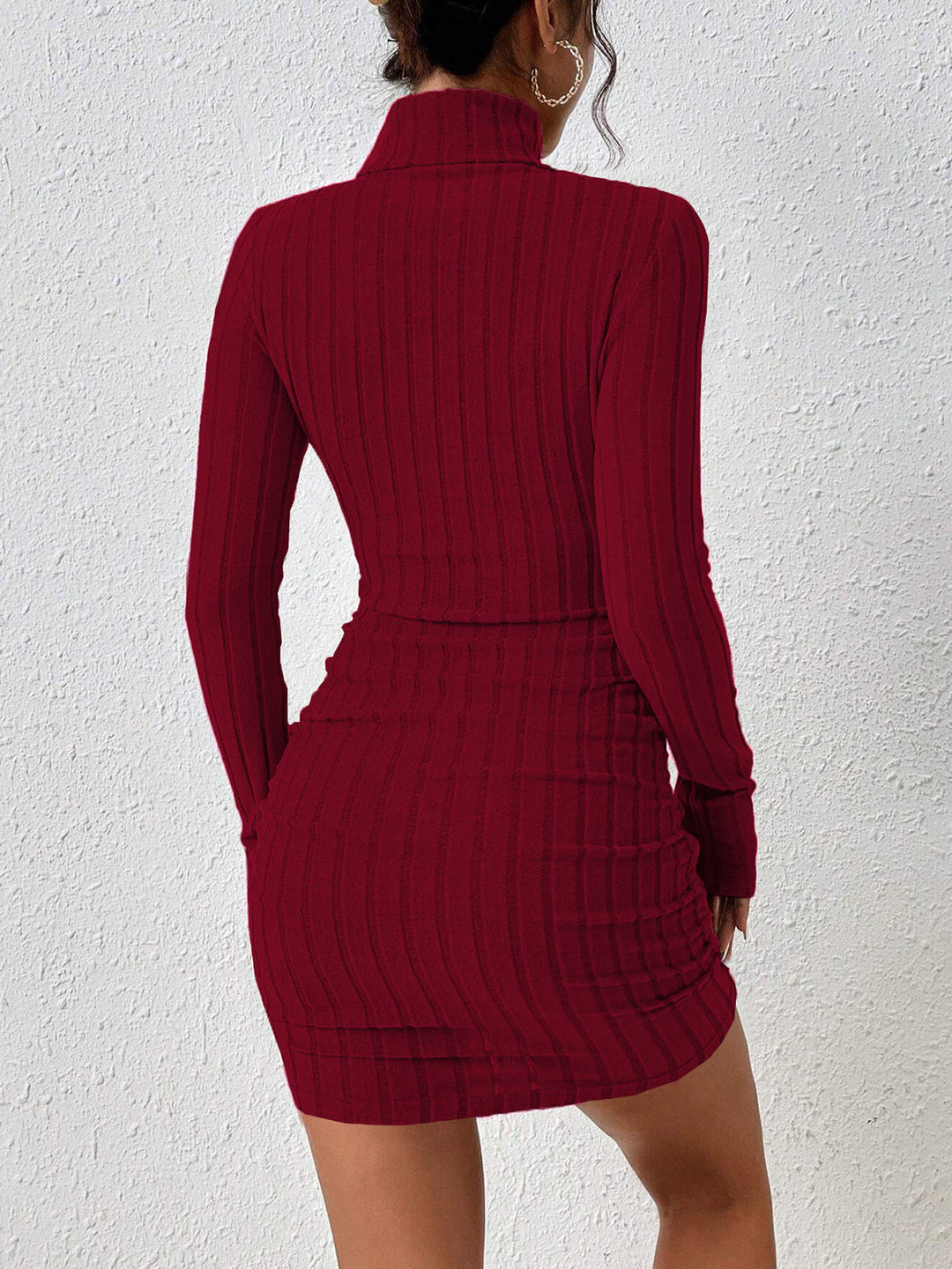Duttini | Ribbed Slim Fit Mini Dress in High Stretch with Long Sleeves and Stand Collar