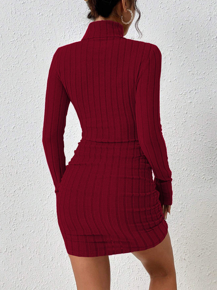 Duttini | Ribbed Slim Fit Mini Dress in High Stretch with Long Sleeves and Stand Collar