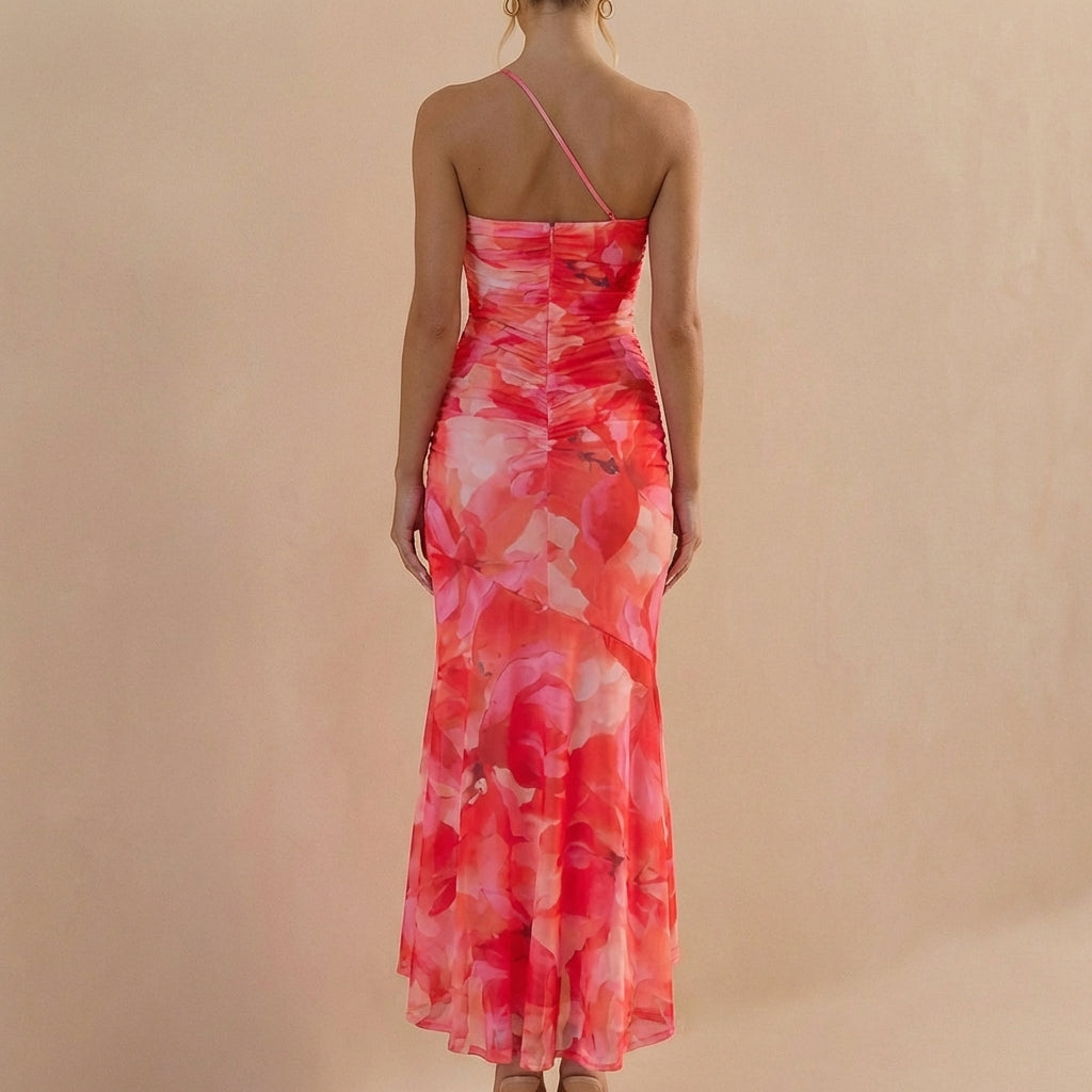 Duttini | Sophisticated Fitted One-Shoulder Mesh Overlay Maxi Dress With Ruched Detail