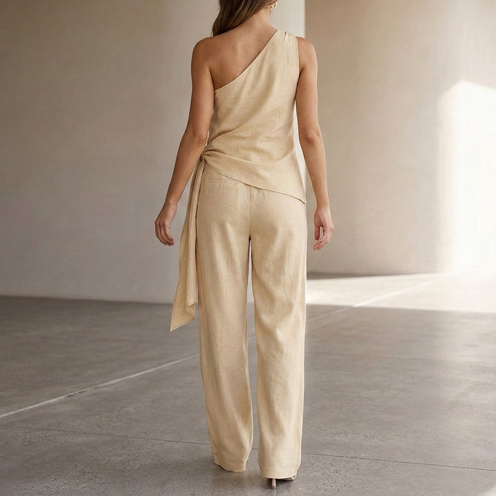 Duttini | Sculpted Tailored Asymmetrical One-Shoulder Draped Two-Piece With Wide-Leg Trousers