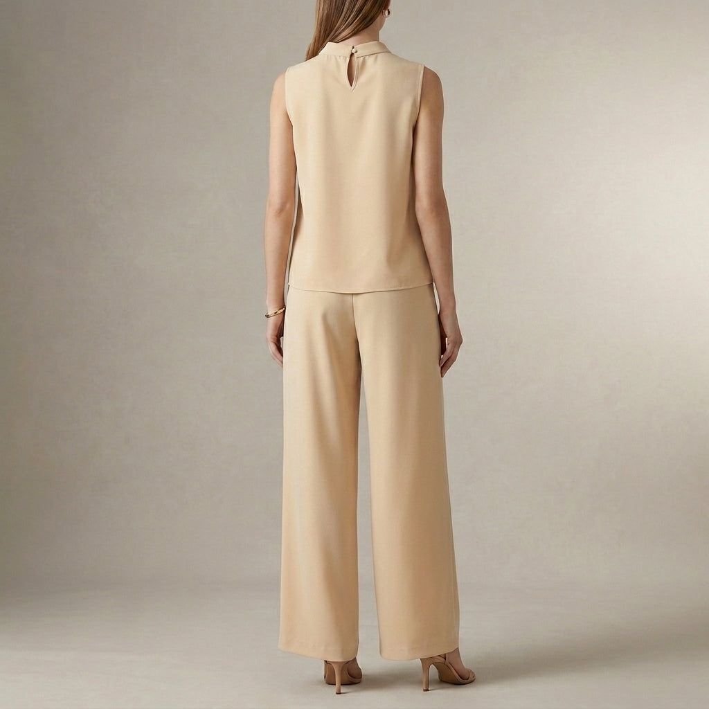 Duttini | Flowing Tailored Sleeveless Mock-Neck Top With High-Waisted Wide-Leg Trousers Set