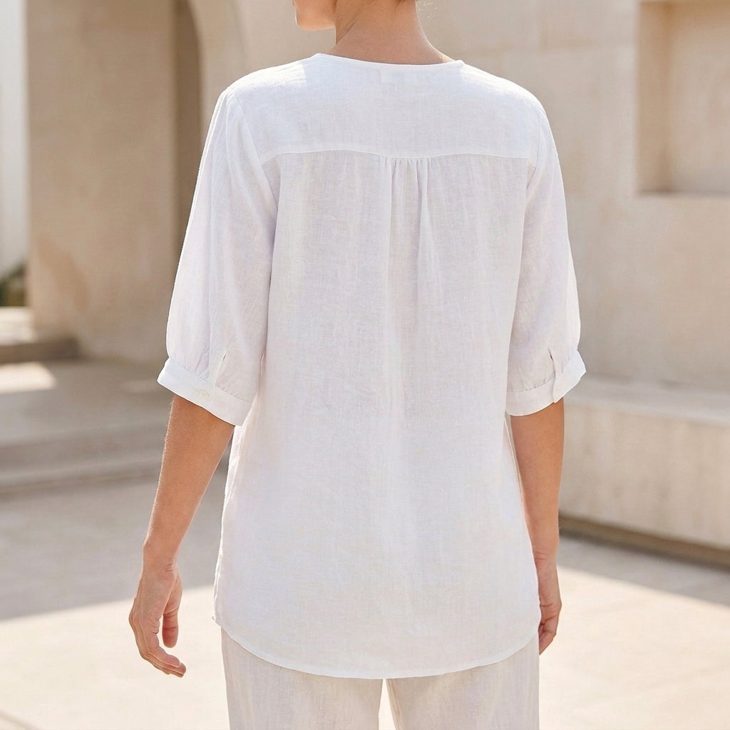 Duttini | Elegant Relaxed Woven Blouse With Notched V-Neckline And Floral Embroidery
