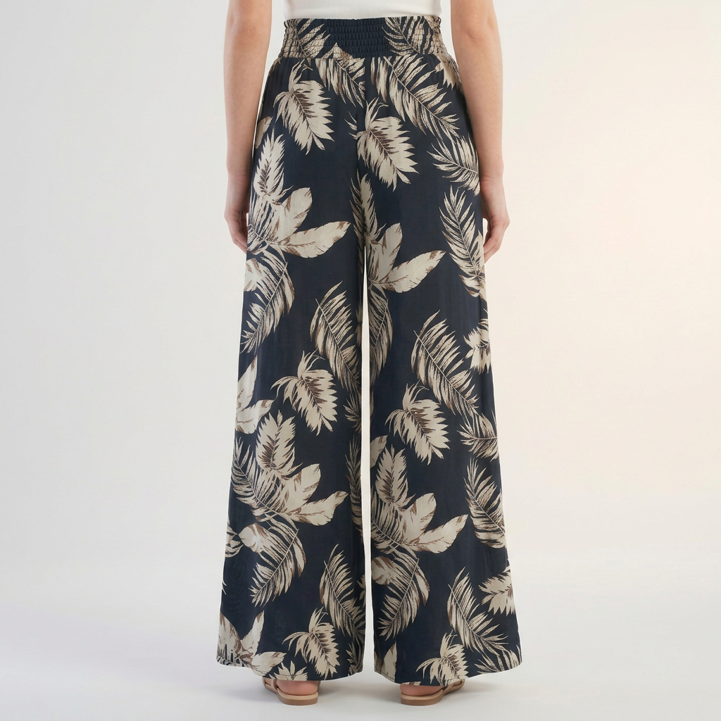 Duttini | Flowing Tropical Leaf Print Palazzo Pants With Ruched Waist And Pockets