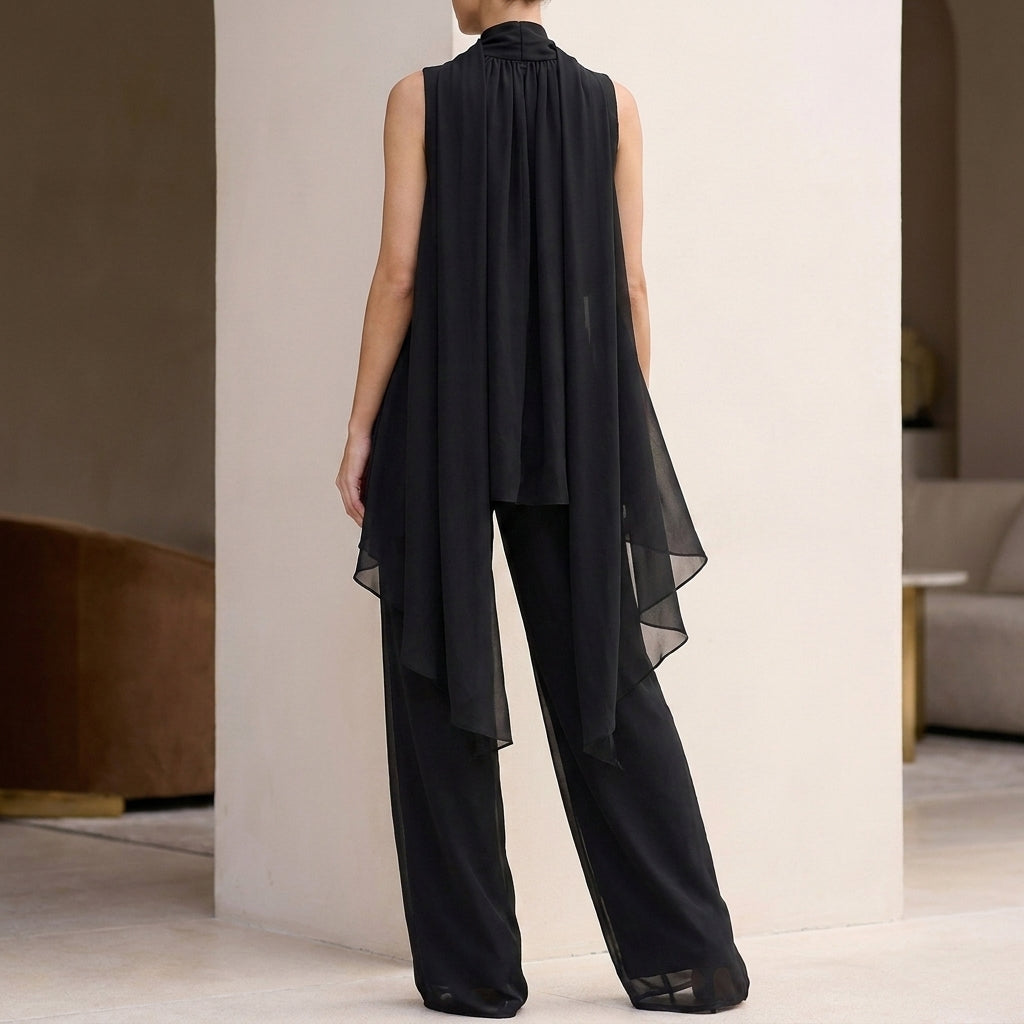 Duttini | Flowing Chiffon Halter Top And Pants Set With Pleated High-Neck And Tiered Hem
