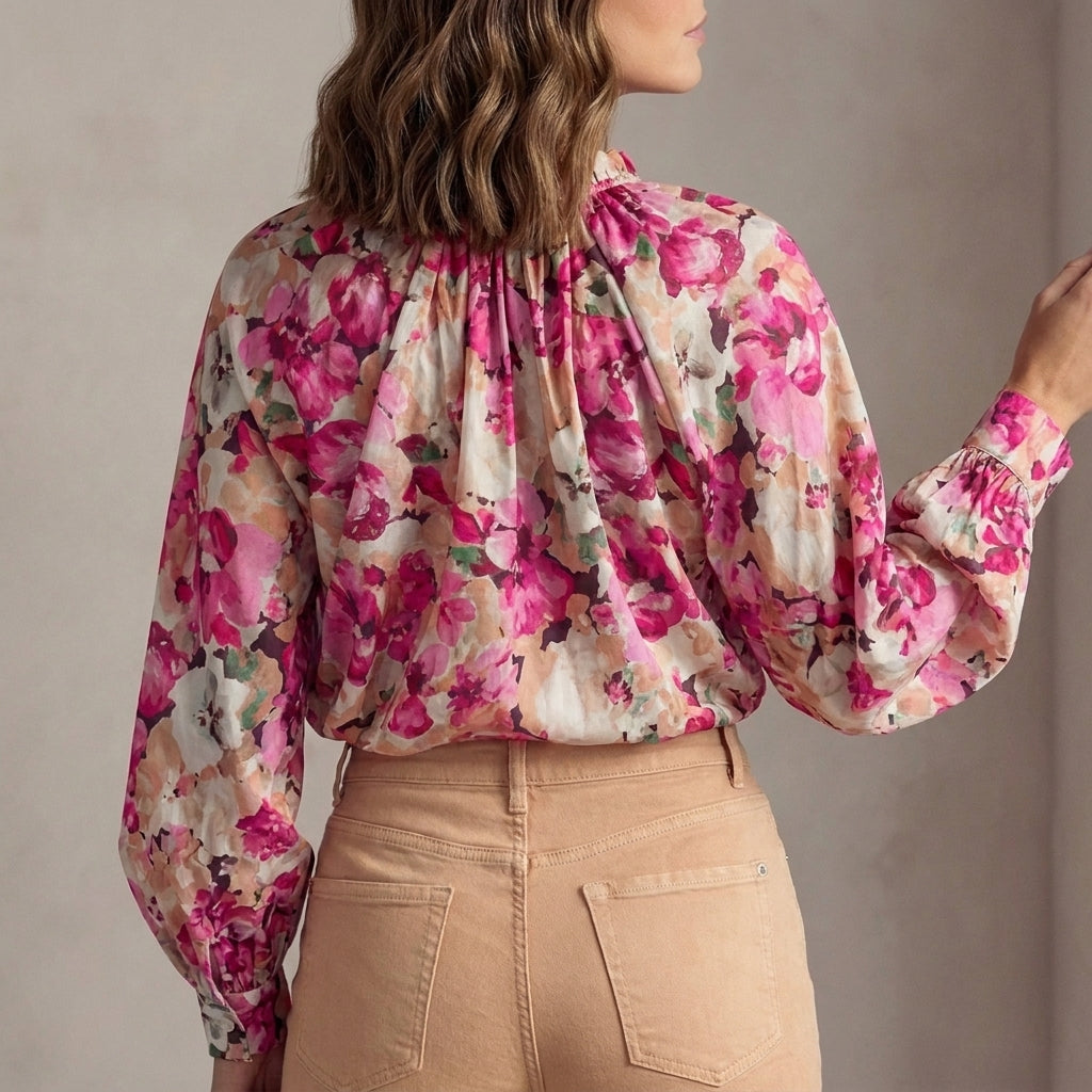 Duttini | Flowing Floral Ruffle-Trimmed Long-Sleeve Blouse With Bishop Sleeves