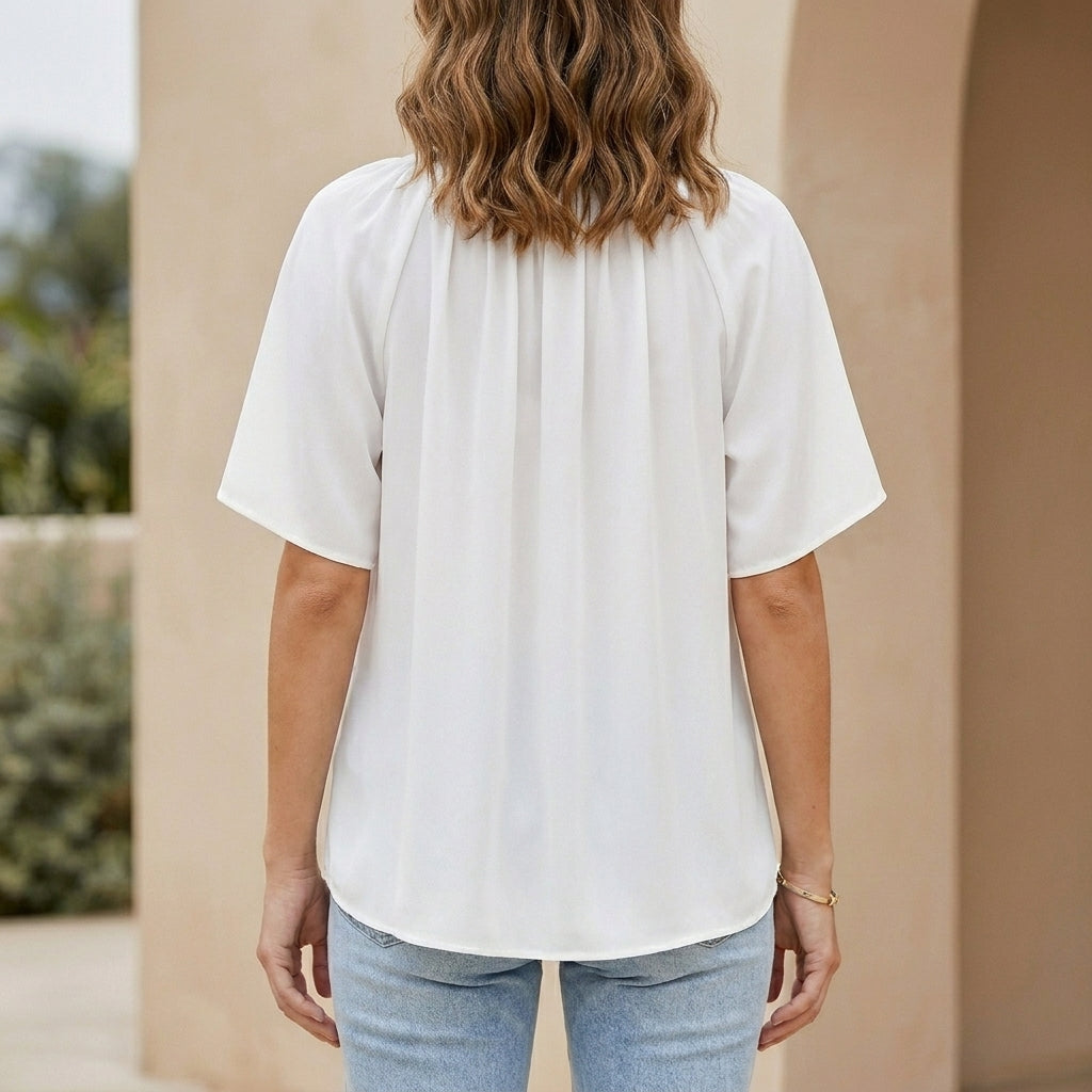 Duttini | Sculpted Relaxed V-Neck Blouse With Gathered Neckline And Flutter Sleeves