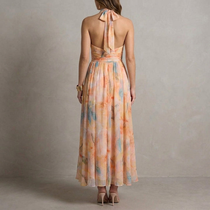 Duttini | Elegant Ariellea Flowing Chiffon Halter Neck Maxi Dress With Waist Tie
