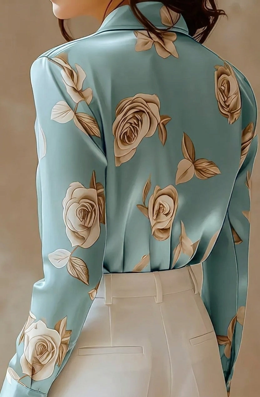 Duttini | Flowing Tailored Satin Double-Breasted Blouse With Notched Lapels And Floral Print