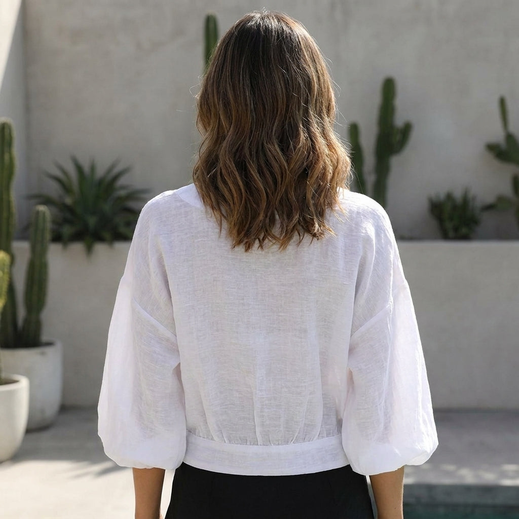 Duttini | Elegant Breezy Cropped Blouse With Voluminous Balloon Sleeves