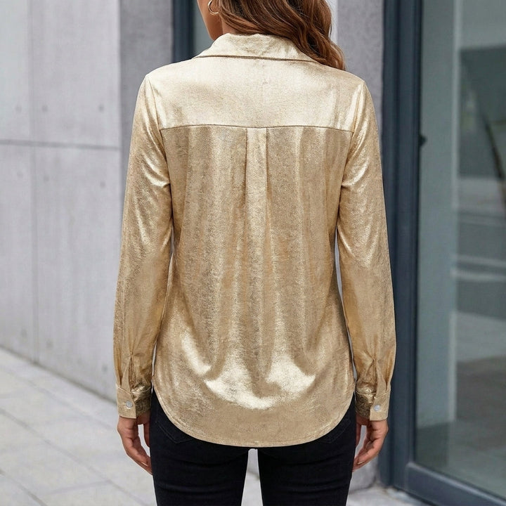 Duttini | Flowing Relaxed Fit Shimmering Button-Down Blouse With Classic Collar