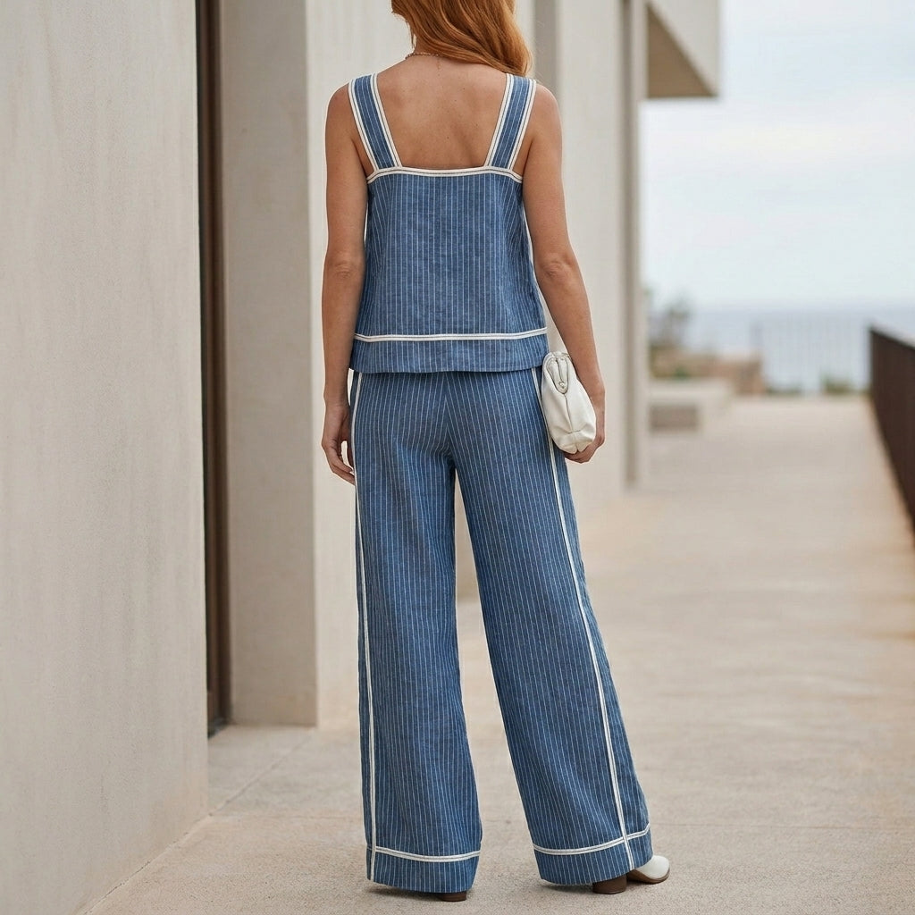 Duttini | Chic Coastal Stripe Sleeveless Top And Wide-Leg Pant Set