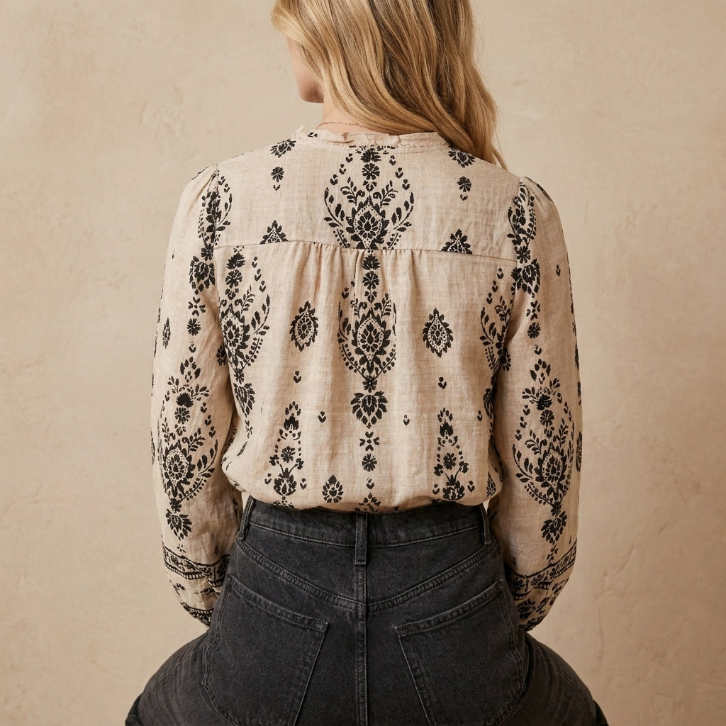 Duttini | Flowing French-Style Printed Blouse With Mandarin Collar And Gathered Cuffs