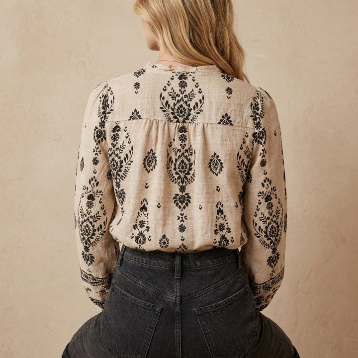 Duttini | Flowing French-Style Printed Blouse With Mandarin Collar And Gathered Cuffs