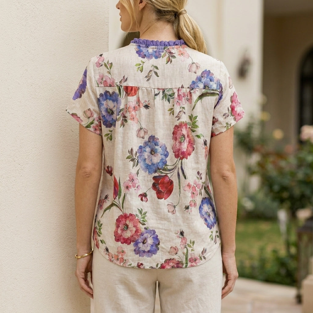 Duttini | Graceful Floral Tie Neck Blouse With Soft Ruffle Collar Detail