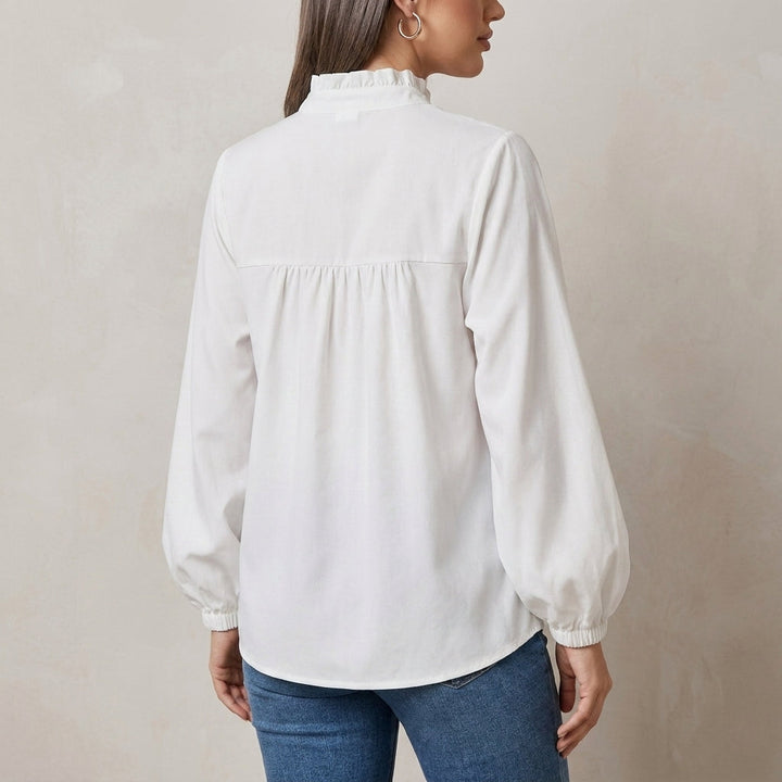 Duttini | Sculpted Relaxed Fit Puff Sleeve Blouse With Ruffled Split Neckline