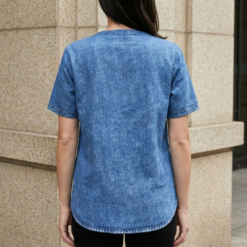 Duttini | Feminine Relaxed Button-Front Denim Look Tunic Top