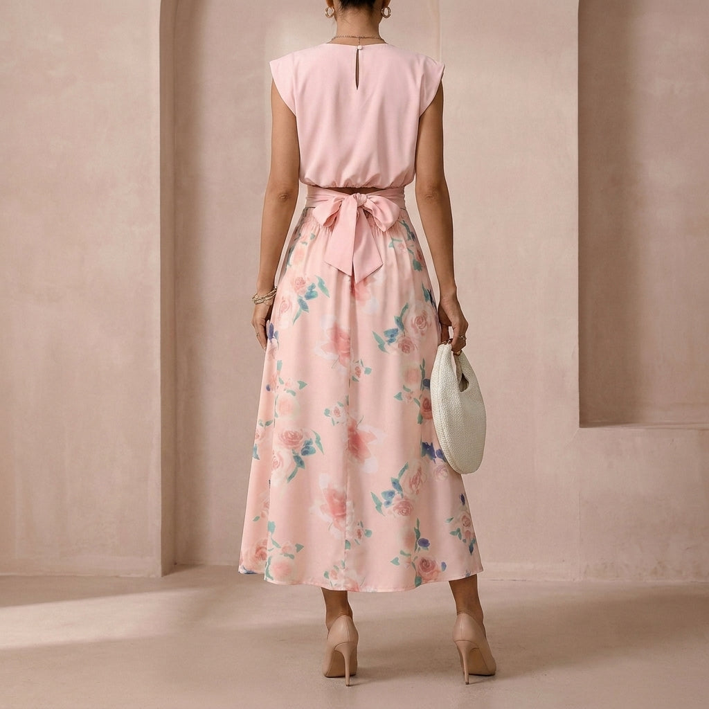 Duttini | Graceful Two-Piece Set With Round Neck Top And Pleated Midi Skirt