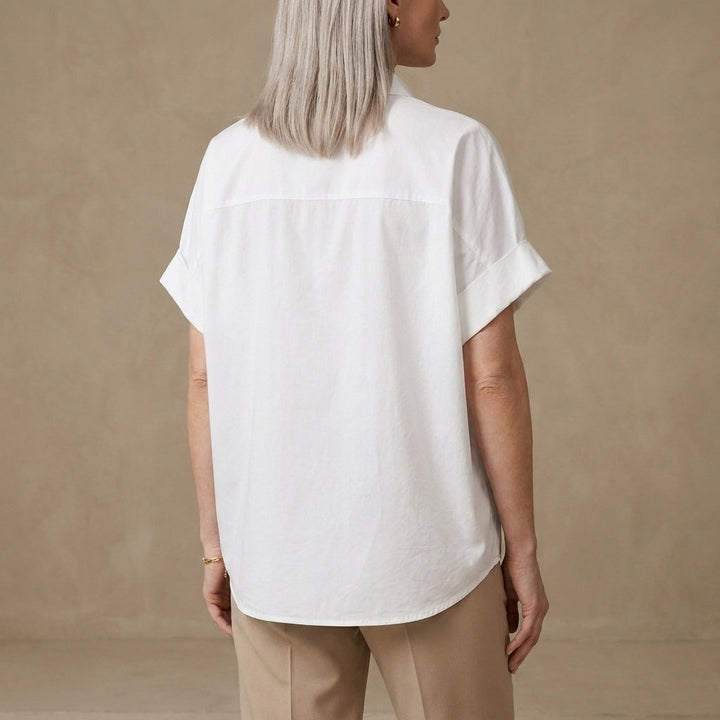 Duttini | Flowing Relaxed Oversized Collared Blouse With Rolled Short Sleeves