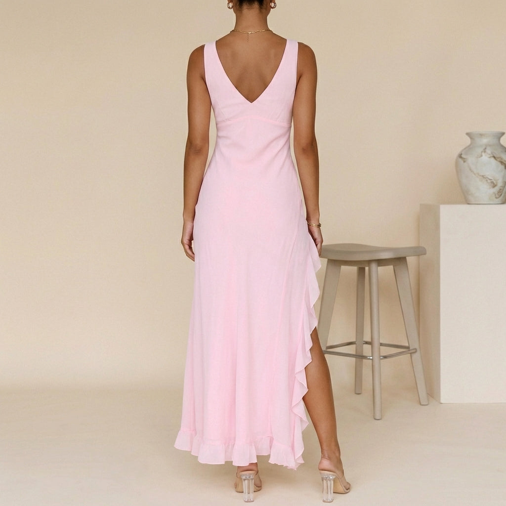 Duttini | Flowing Chiffon Maxi Dress With Ruched Bodice And Ruffled Slit