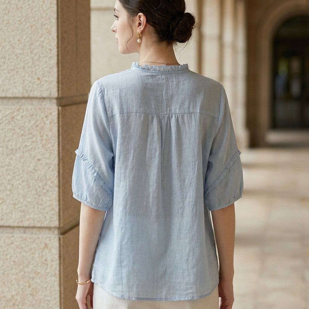 Duttini | Timeless Relaxed Embroidered Button-Up Blouse With Ruffle Trim