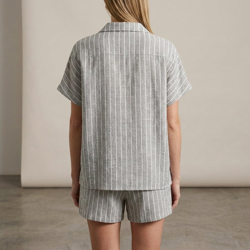 Duttini | Modern Textured Vertical Stripe Relaxed Two-Piece Shirt And Drawstring Shorts Set