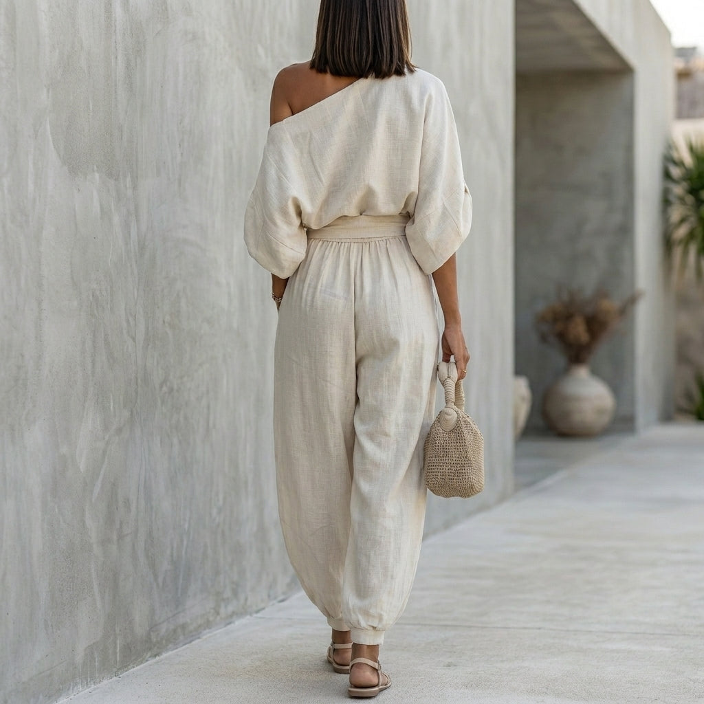 Duttini | Graceful Draped One-Shoulder Top With Voluminous Lantern Pants Set For Resort Chic