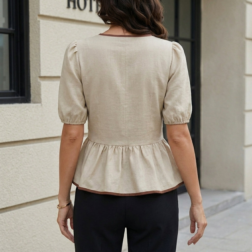 Duttini | Chic Contrast Bow Peplum Blouse With Puff Sleeves