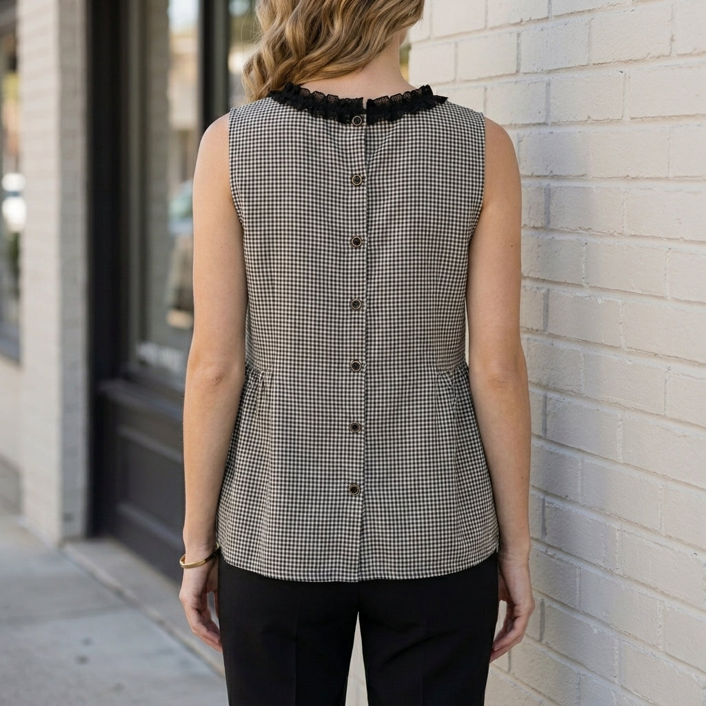 Duttini | Elegant Checkered Peplum Blouse With Romantic Ribbon Tie Neck Detail