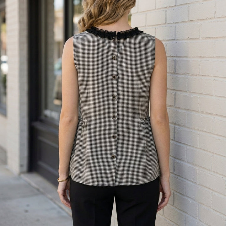 Duttini | Elegant Checkered Peplum Blouse With Romantic Ribbon Tie Neck Detail