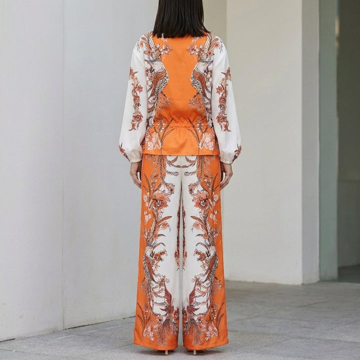 Duttini | Feminine Botanical Zip-Front Top And Wide-Leg Pants Ensemble