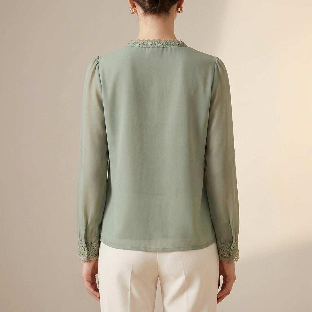 Duttini | Flowing V-Neck Floral Blouse With Delicate Lace Trim And Sheer Sleeves