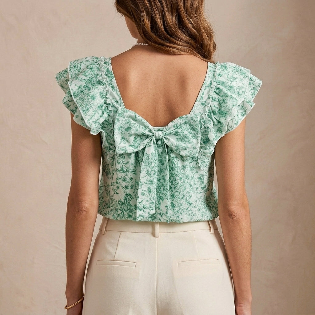 Duttini | Flowing Relaxed Floral Print Ruffle Blouse With Square Neck And Back Bow Closure