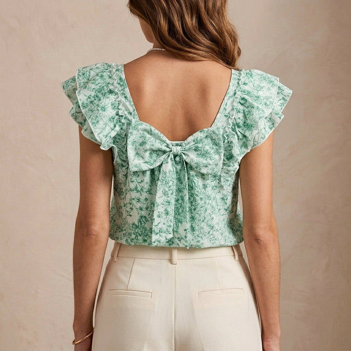 Duttini | Flowing Relaxed Floral Print Ruffle Blouse With Square Neck And Back Bow Closure