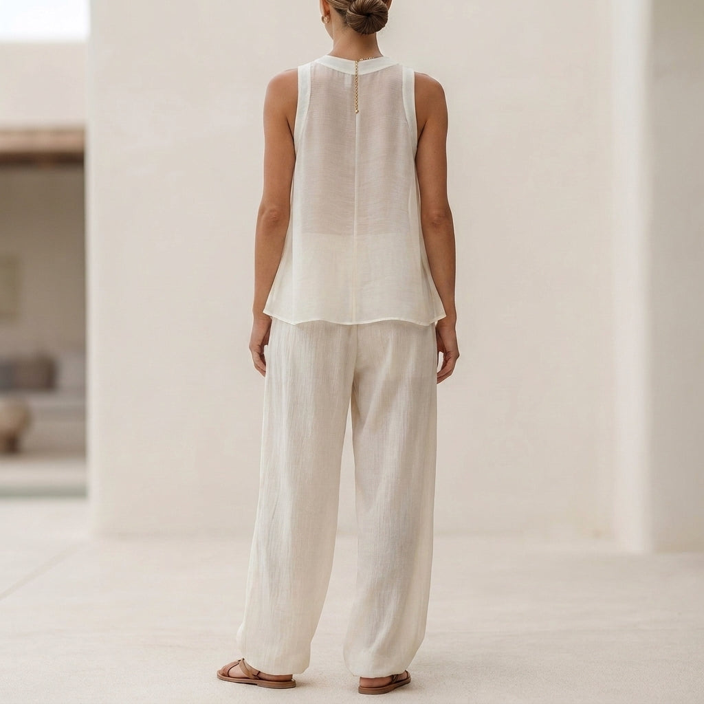 Duttini | Flowing Semi-Sheer Two-Piece Set With Draped Wide-Leg Trousers