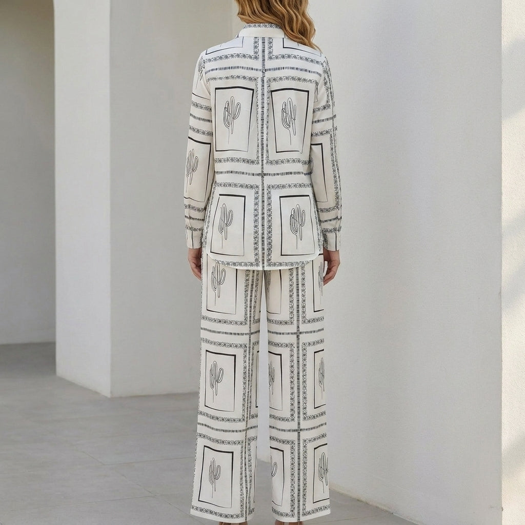 Duttini | Effortless Desert Sketch Print Relaxed Shirt And Wide-Leg Pants Set