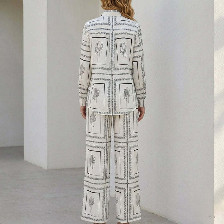 Duttini | Effortless Desert Sketch Print Relaxed Shirt And Wide-Leg Pants Set