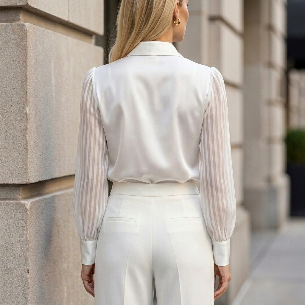 Duttini | Refined Tailored Polo Collar Blouse With Sheer Striped Balloon Sleeves