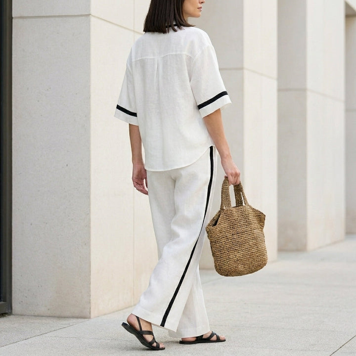 Duttini | Modern Coastal Chic Contrast Trim Top And Wide-Leg Pants Set
