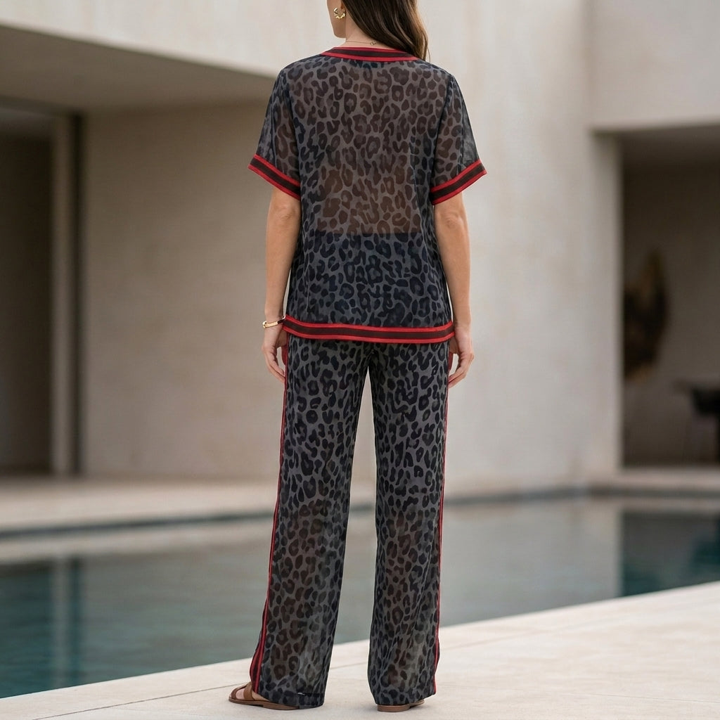 Duttini | Romantic Leopard Print Chiffon Lounge Set With Relaxed Wide-Leg Silhouette