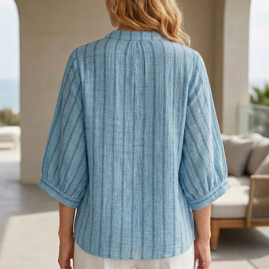Duttini | Timeless Coastal Stripe Button-Neck Relaxed Sleeve Blouse