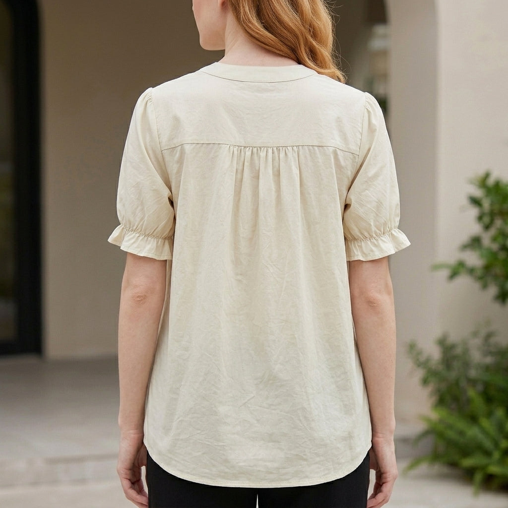 Duttini | Vintage Pintuck Button-Front Puff Sleeve Blouse