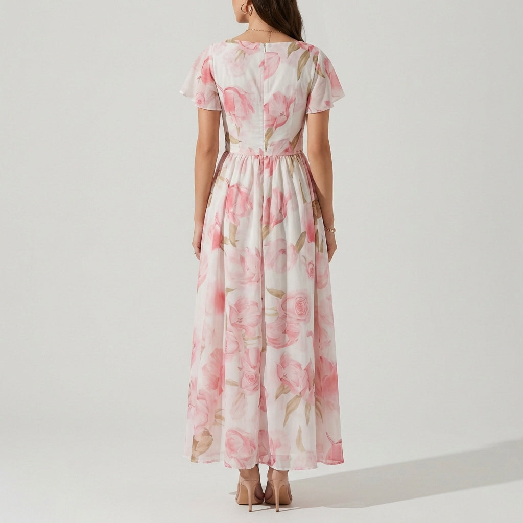Duttini | Graceful Ethereal Plunging V-Neck Flutter Sleeve Gown
