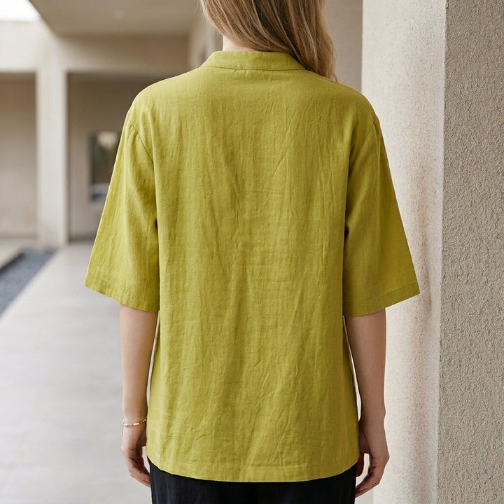 Duttini | Graceful Minimalist Mandarin Collar Blouse With Elegant Knot Button Detail