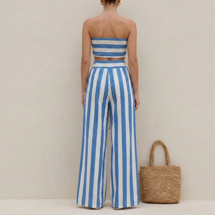 Duttini | Flowing Ruched Strapless Bandeau Two-Piece Wide-Leg Pantsuit With Self-Tie Waist